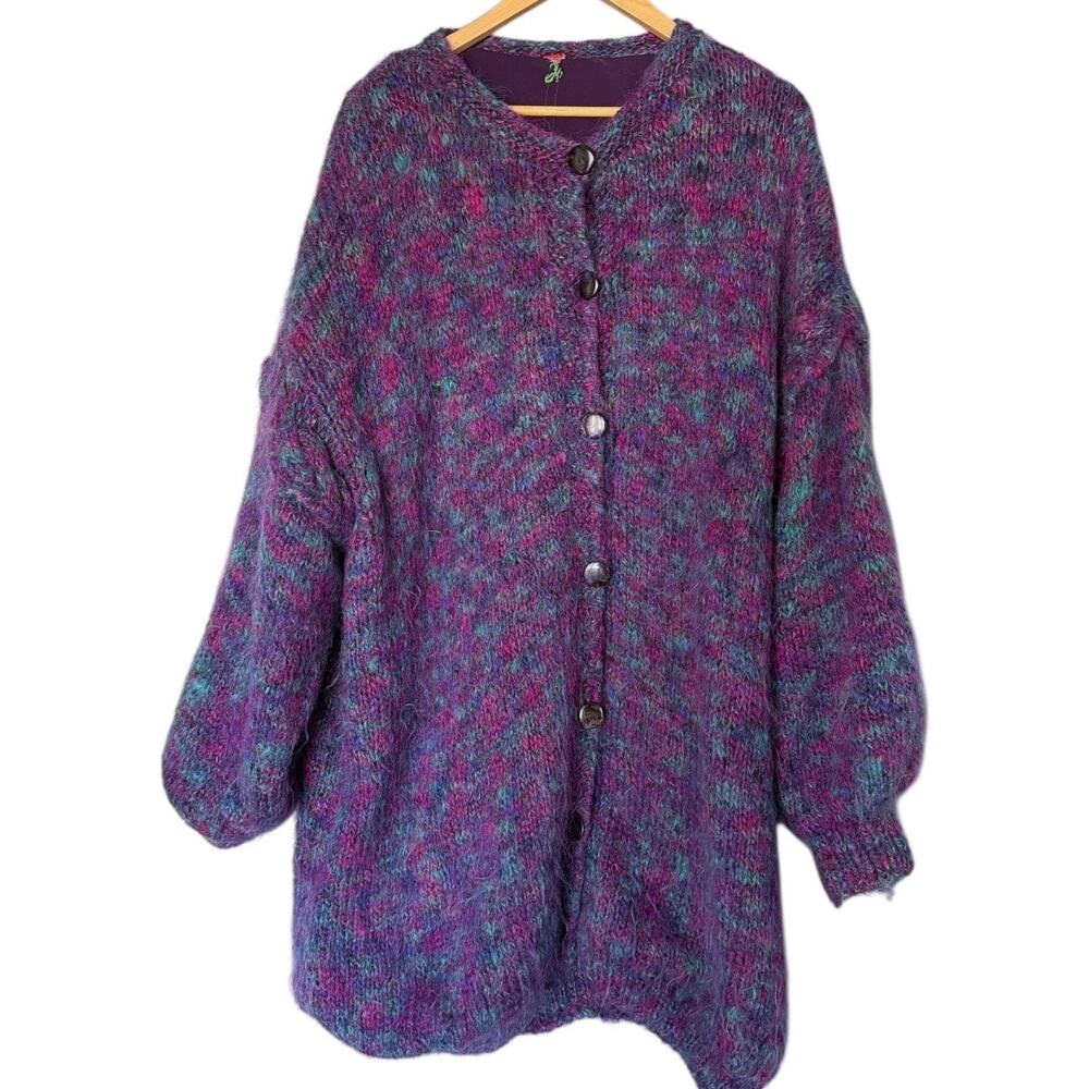 Hand Knit Angora Mohair Long-Line Button-Front Cardigan Sweater Women's 2X